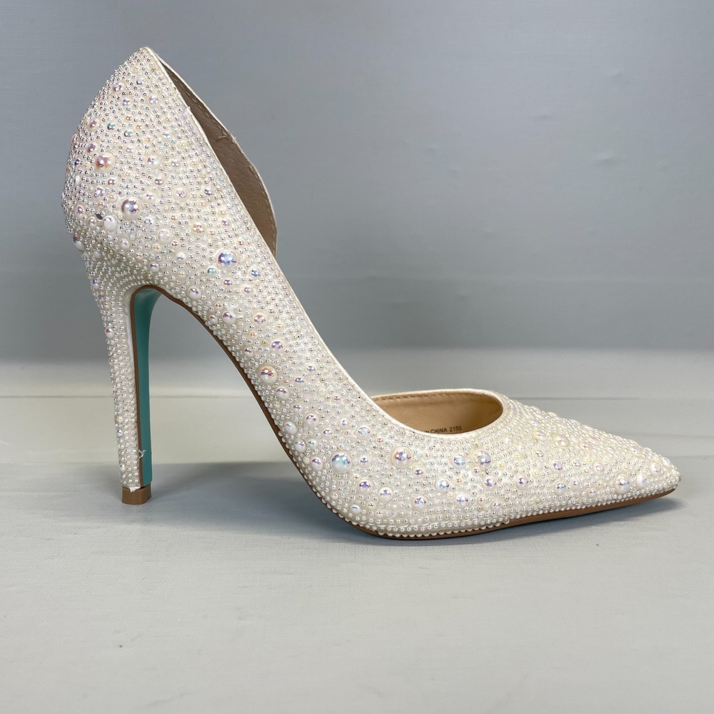 Betsey Johnson Hazil Stiletto Pumps Womens Size 5 M White Beige Rhinestone Shoes